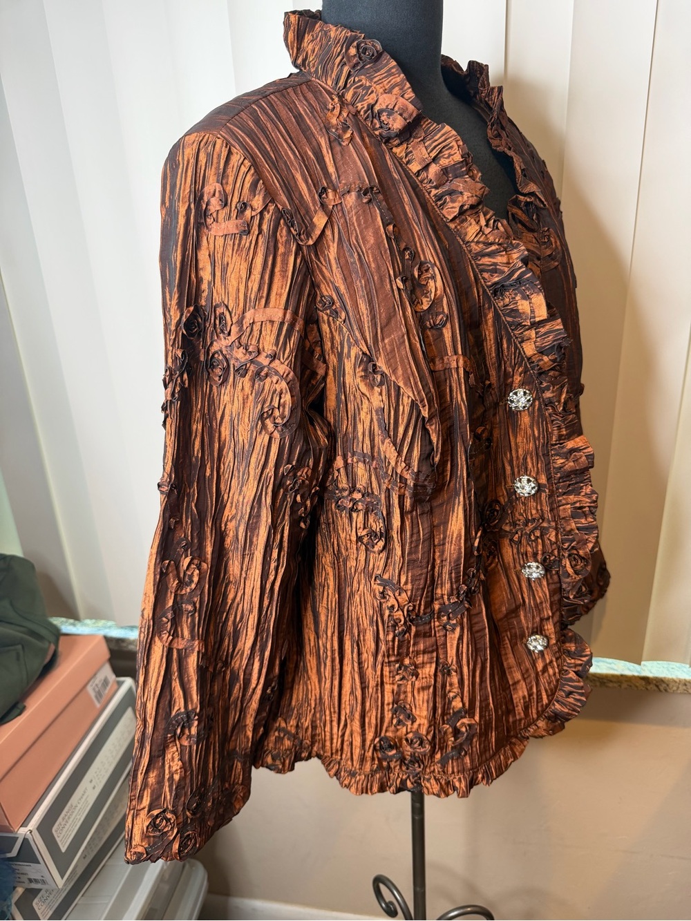 Goldwater Creek Ruffled Textured Metallic Copper Jacket Rhinestone Buttons SZ 20 - Picture 4 of 8